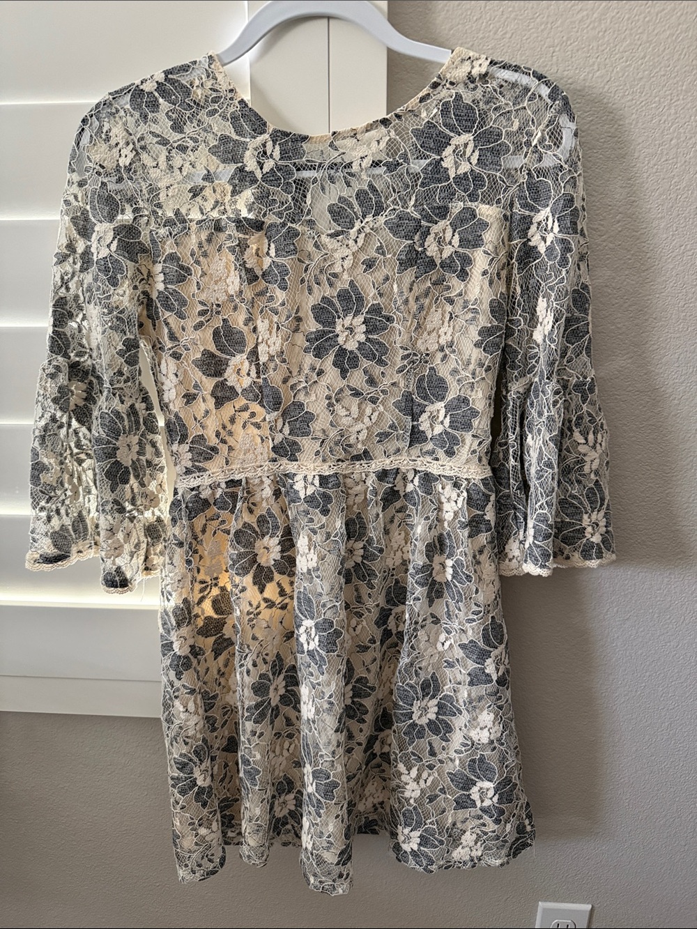 Floral Lace Overlay Dress in Cream and Gray